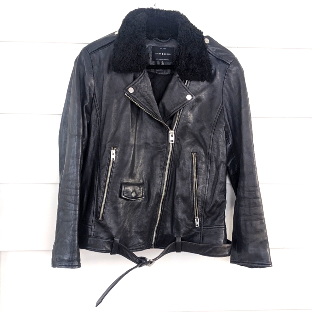 Lucky Brand Luxe Black Genuine Leather Jacket with Shearling Collar, Medium